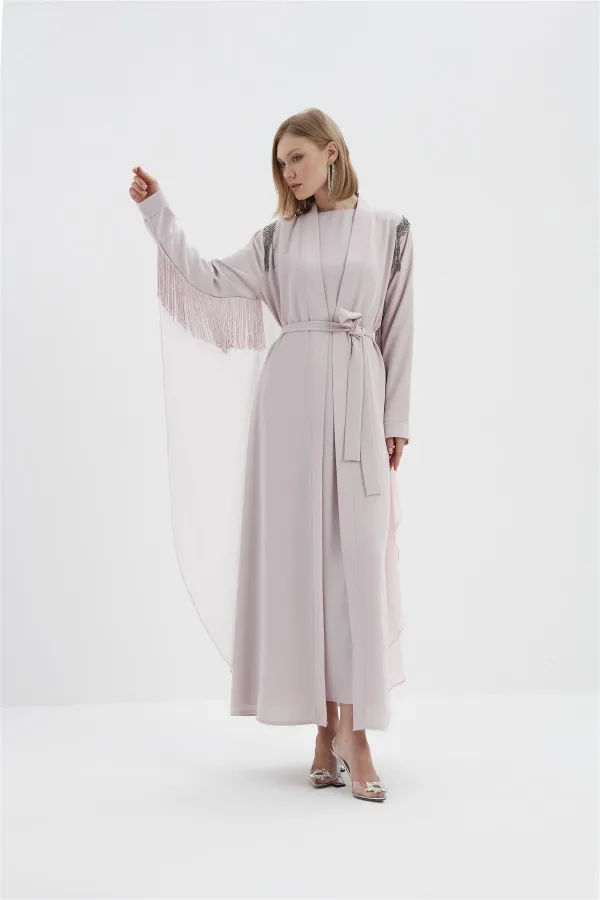 Libby Kolları Saçak Detaylı Abaya PUDRA