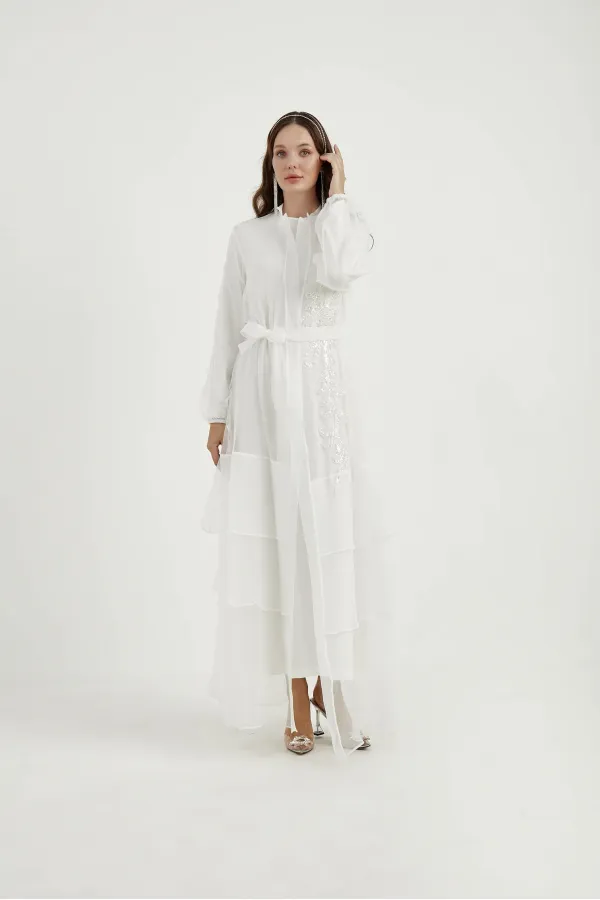 Vivian Kat Kat Tüllü İşlemeli Abaya EKRU