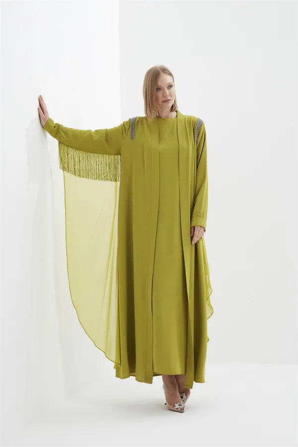 Libby Kolları Saçak Detaylı Abaya YAĞ YEŞİLİ