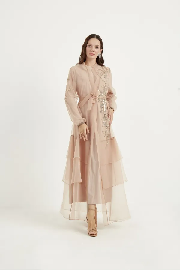 Vivian Kat Kat Tüllü İşlemeli Abaya VİZON