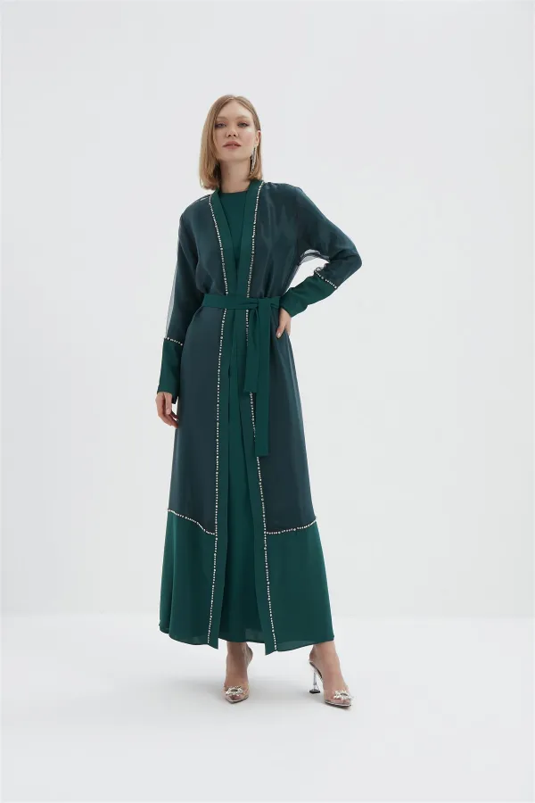 Pearl Organze Tül Detaylı Taşlı Abaya ZÜMRÜT YEŞİLİ