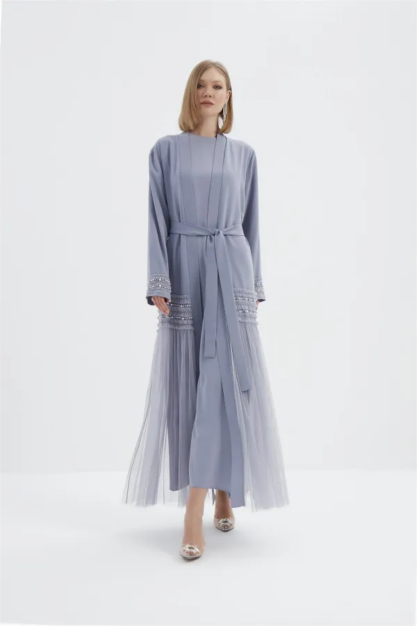 Ruby Yanları Fırfır Tül Detaylı Abaya GRİ