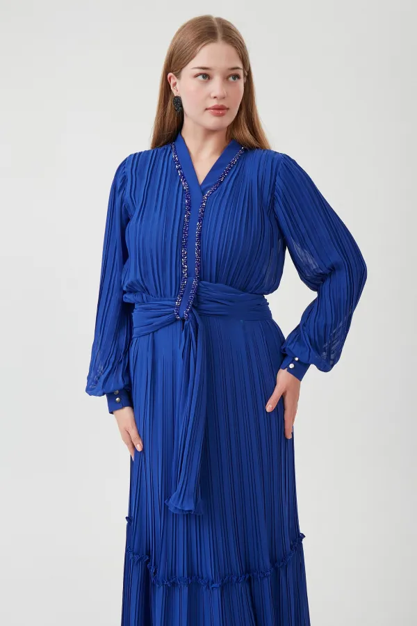 SHR MODEL TAŞLI PİLİSELİ ELBİSE SAKS