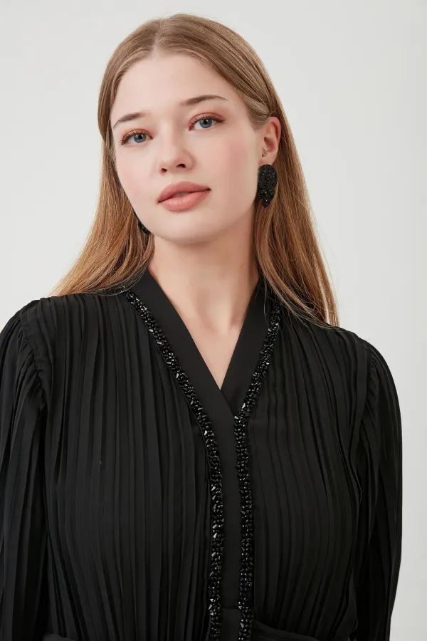 SHR MODEL TAŞLI PİLİSELİ ELBİSE SİYAH