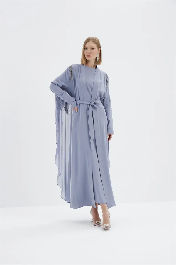 Libby Kolları Saçak Detaylı Abaya GRİ