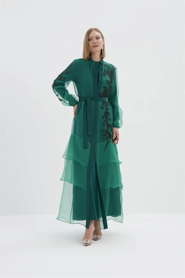 Vivian Kat Kat Tüllü İşlemeli Abaya ZÜMRÜT YEŞİLİ