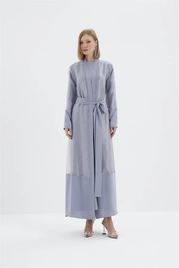 Pearl Organze Tül Detaylı Taşlı Abaya GRİ