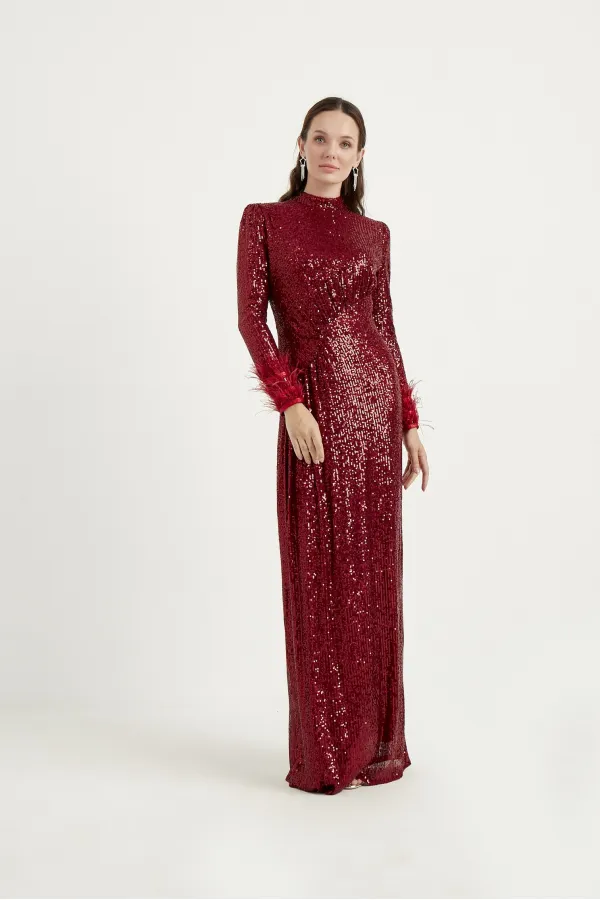 LAGOS- PUL PAYET ELBİSE BORDO