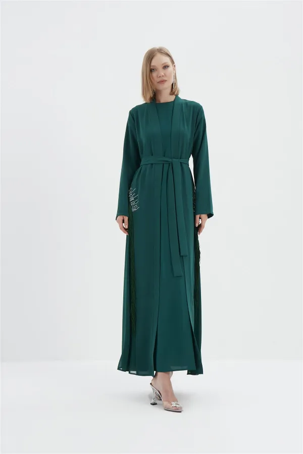 Nora Yanı Taşlı Püsküllü Abaya Takım ZÜMRÜT YEŞİLİ
