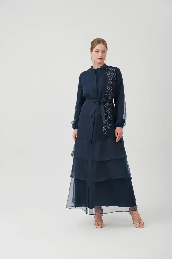 Vivian Kat Kat Tüllü İşlemeli Abaya LACİVERT