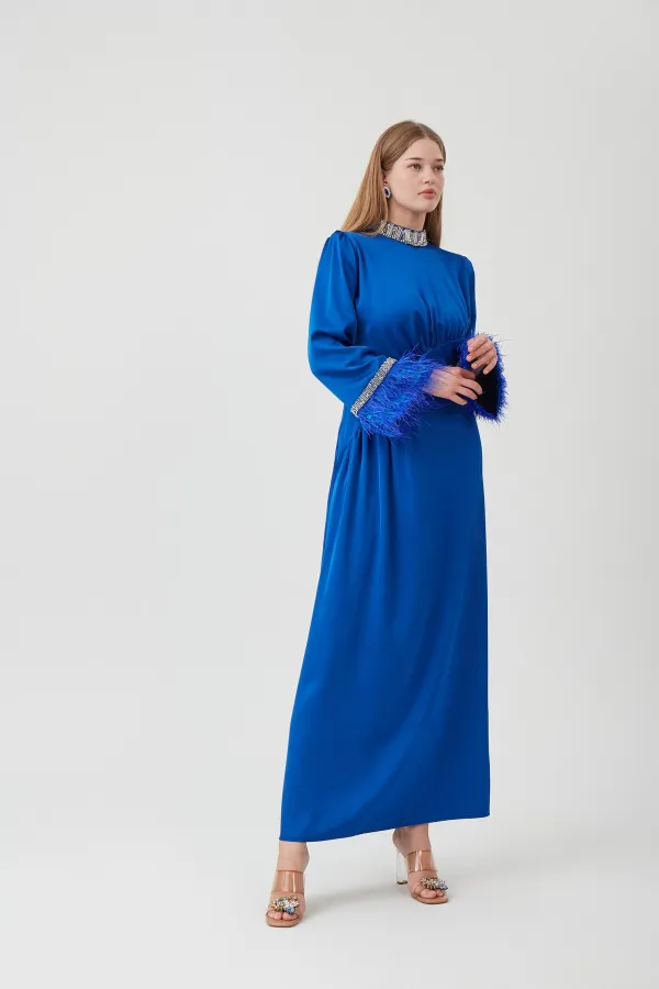 SULTAN MODEL SATEN TAŞLI ABİYE ELBİSE SAKS