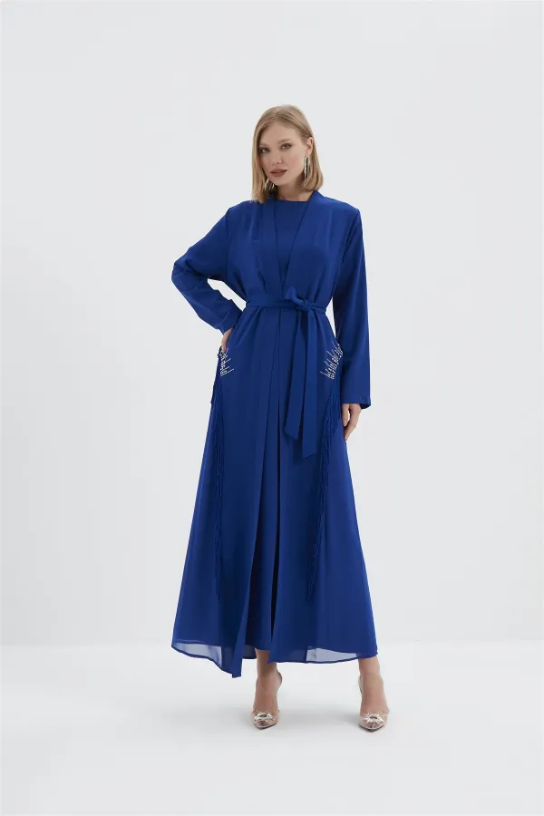 Nora Yanı Taşlı Püsküllü Abaya Takım SAKS