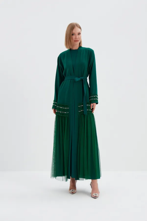 Ruby Yanları Fırfır Tül Detaylı Abaya ZÜMRÜT YEŞİLİ