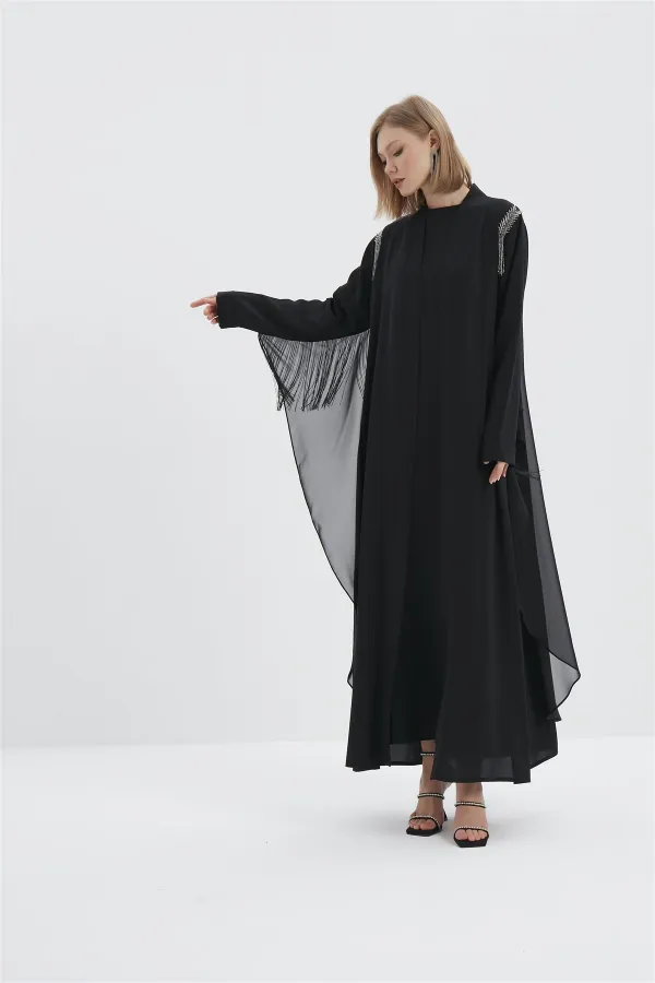 Libby Kolları Saçak Detaylı Abaya Siyah