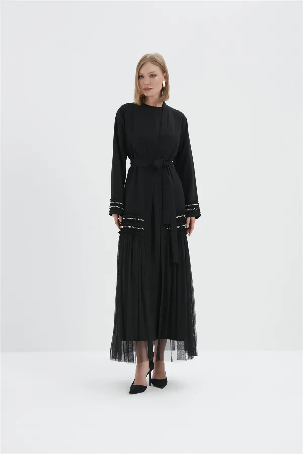 Ruby Yanları Fırfır Tül Detaylı Abaya SİYAH