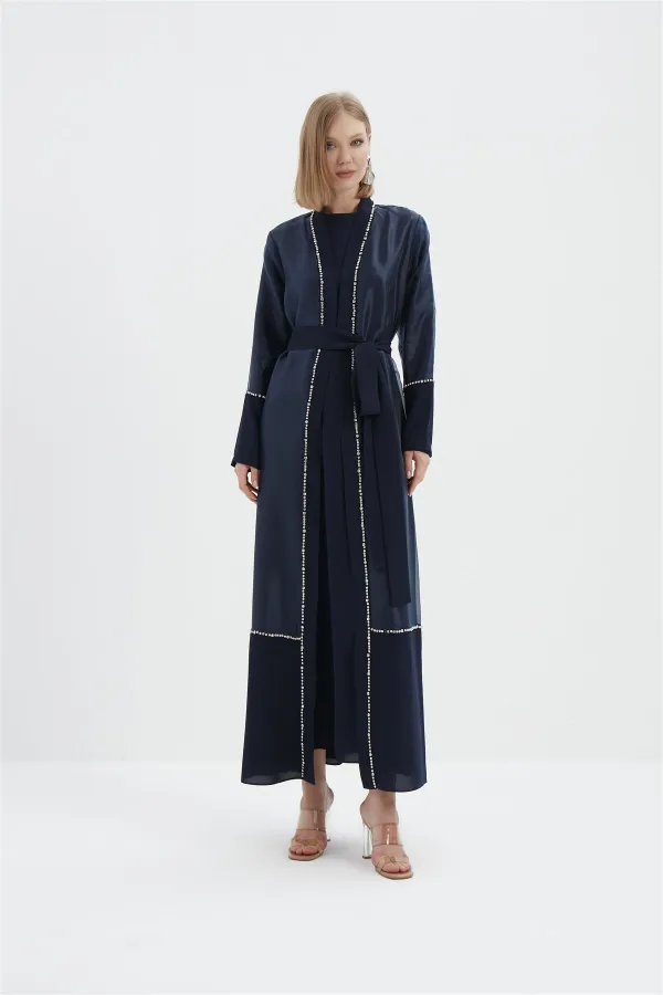 Pearl Organze Tül Detaylı Taşlı Abaya LACİVERT