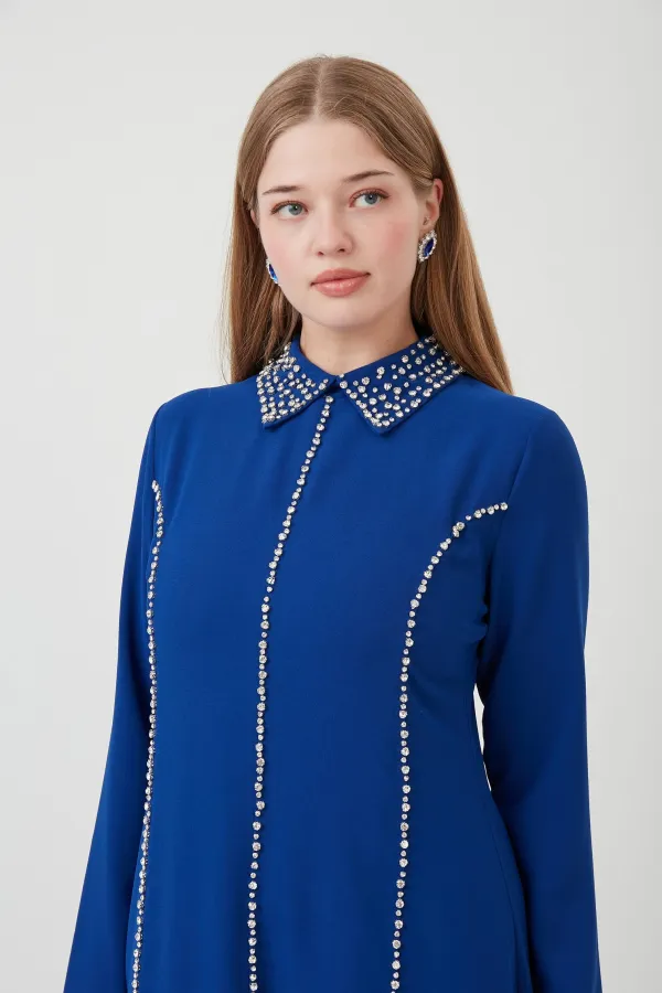 ZÜMRE TAŞLI ABİYE ELBİSE SAKS