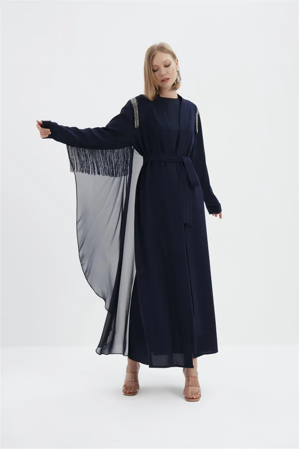 Libby Kolları Saçak Detaylı Abaya LACİVERT