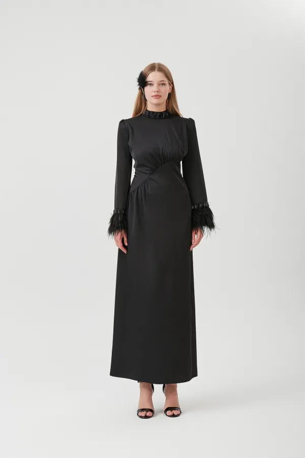 SULTAN MODEL SATEN TAŞLI ABİYE ELBİSE SİYAH