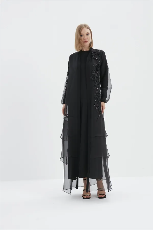 Vivian Kat Kat Tüllü İşlemeli Abaya SİYAH