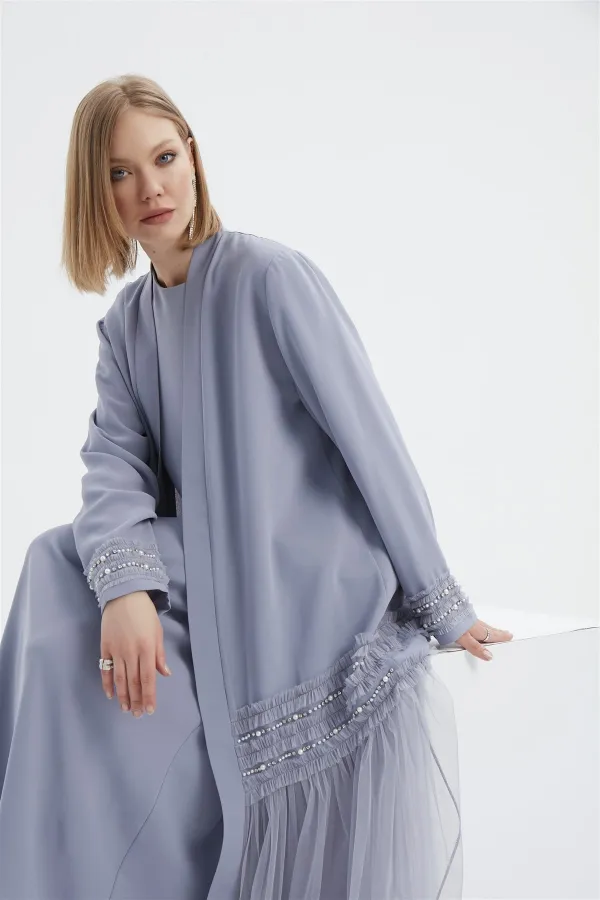Ruby Yanları Fırfır Tül Detaylı Abaya GRİ