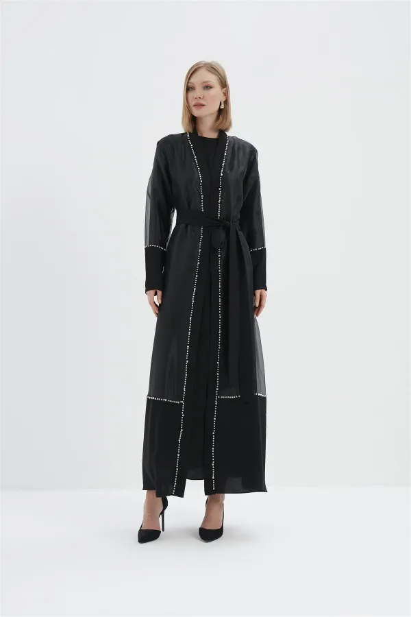 Pearl Organze Tül Detaylı Taşlı Abaya SİYAH
