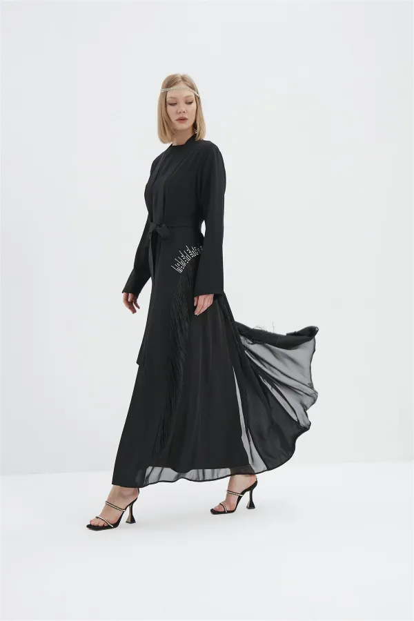Nora Yanı Taşlı Püsküllü Abaya Takım Siyah