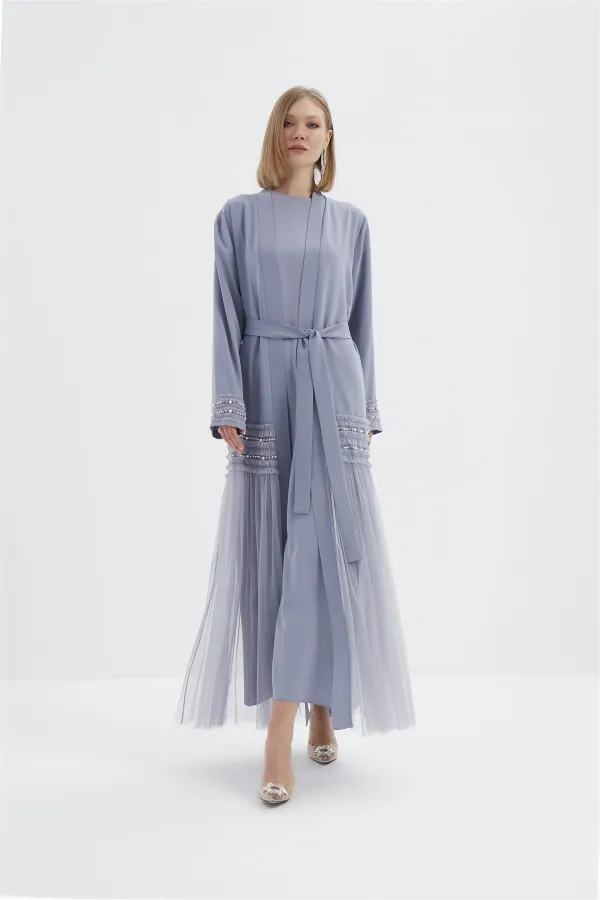 Ruby Yanları Fırfır Tül Detaylı Abaya GRİ