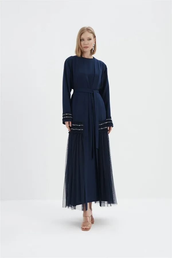 Ruby Yanları Fırfır Tül Detaylı Abaya LACİVERT