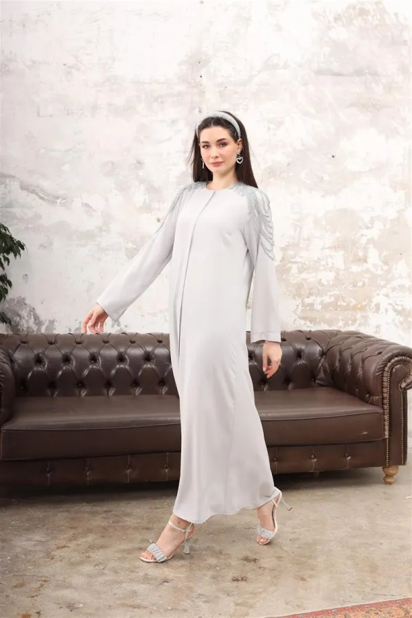 Ember Omzu İşlemeli Feraje GRİ
