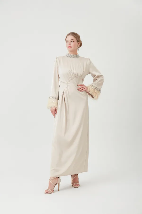 SULTAN MODEL SATEN TAŞLI ABİYE ELBİSE VİZON